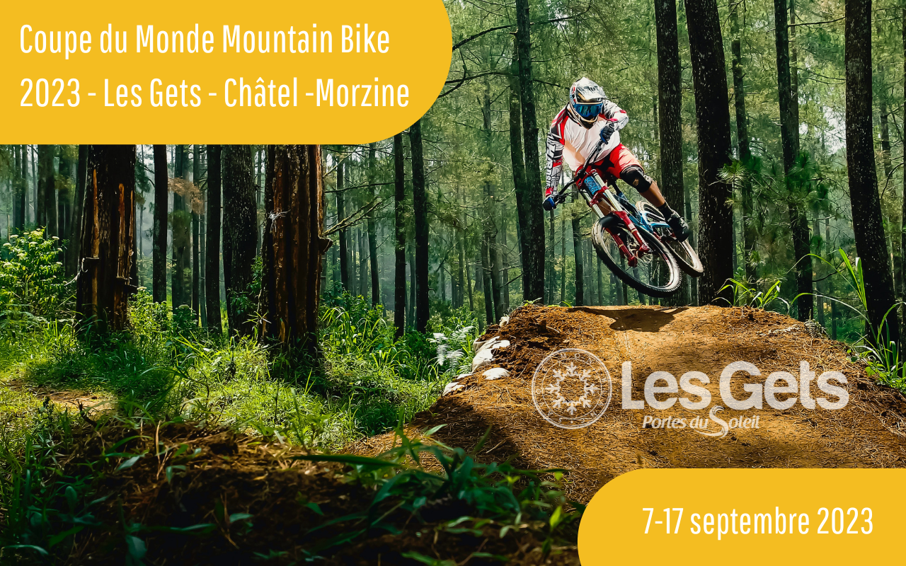 affiche avec un cycliste en foret pratiquant de mountain bike